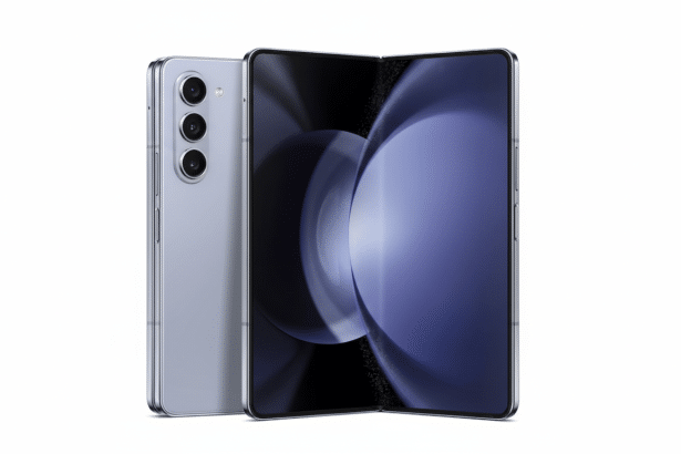 A professional 16: 9 shot of a silver foldable smartphone, unfolded to reveal a dark screen with soft purple circular graphics, with its rear camera a