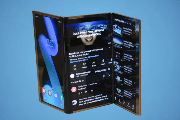 A professional image of a foldable Samsung phone with a YouTube video playing on its main screen, displaying a girl ' s face. The phone' s screens show the YouTube interface and a clock . The background is a soft blue gradient .