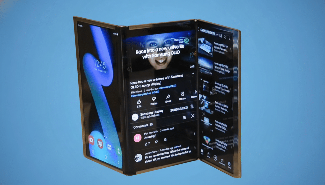 A professional image of a foldable Samsung phone with a YouTube video playing on its main screen, displaying a girl ' s face. The phone' s screens show the YouTube interface and a clock . The background is a soft blue gradient .