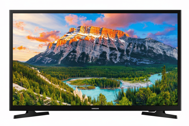 A modern Samsung television displaying a vibrant landscape image of a mountain, river , and forest.