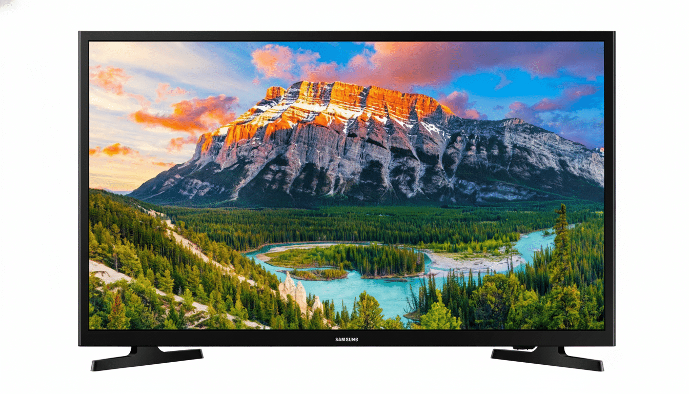 A modern Samsung television displaying a vibrant landscape image of a mountain, river , and forest.