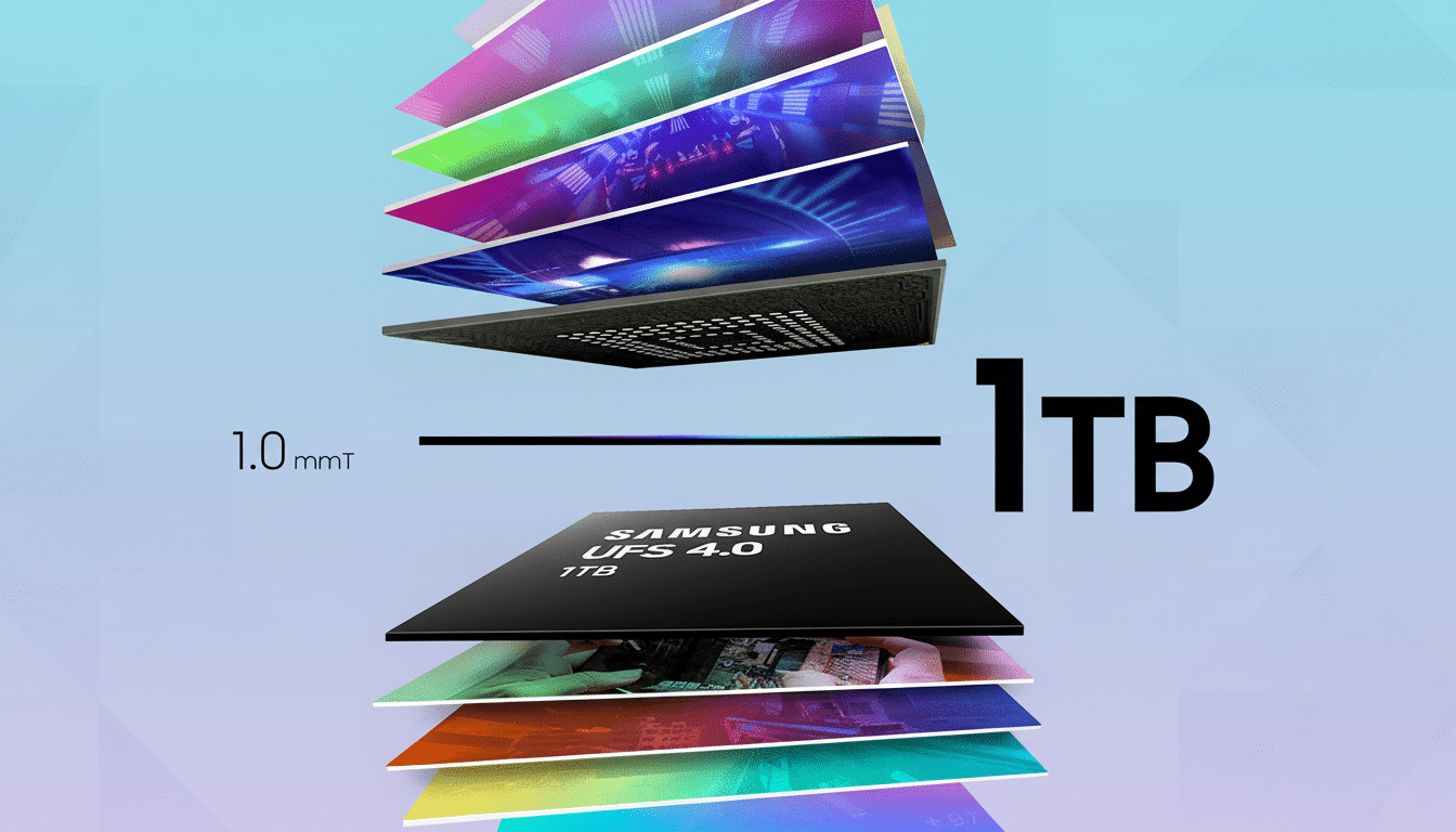 A professional graphic showcasing the Samsung UFS 4.0 1TB storage chip, depicted as a thin black rectangular component with layers of colorful, stacke