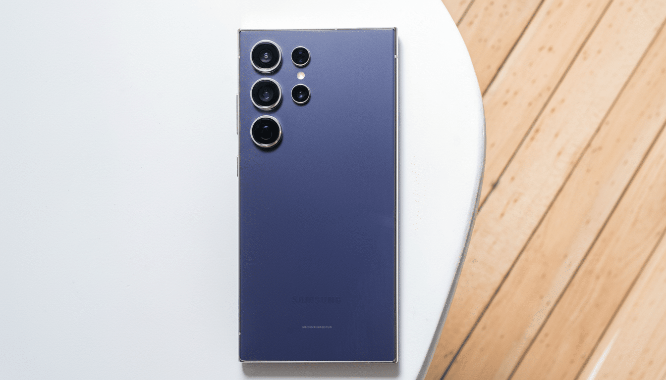 A professional overhead shot of a dark purple Samsung smartphone with multiple camera lenses, placed on a white and wooden surface, resized to a 16: 9