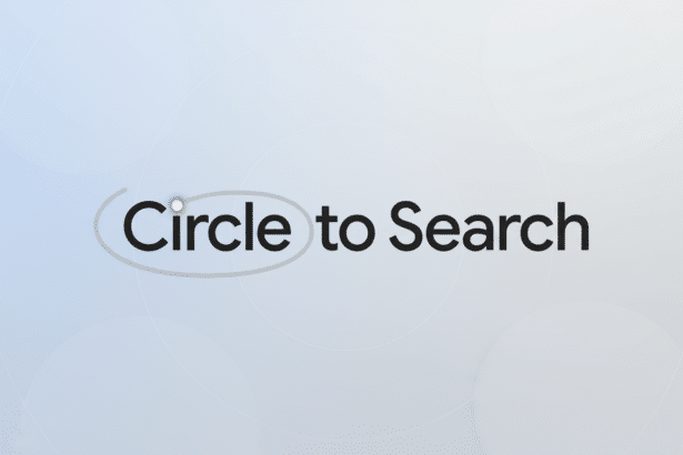 The Circle to Search logo against a professional flat design background with soft blue - grey gradients and subtle circular patterns. Filename : circleto searchlogo . png