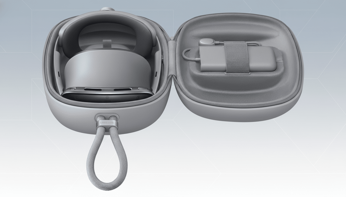 A professional , enhanced image of a grey Samsung VR headset and its accessories in an open grey carrying case, set against a soft grey background with subtle geometric patterns. Filename : samsungvr headset case  enhanced .png
