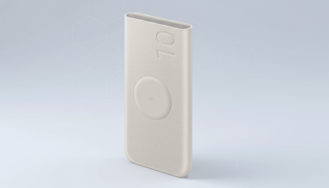 A professional flat design image of a beige portable power bank with a circular wireless charging pad and the number '1 0' embossed on it , set against a background with soft geometric patterns.