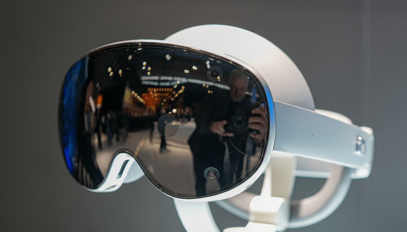 A professional shot of a Meta Quest Pro virtual reality headset, resized to a 16: 9 aspect ratio, showcasing its sleek design and reflective visor with the original background preserved .