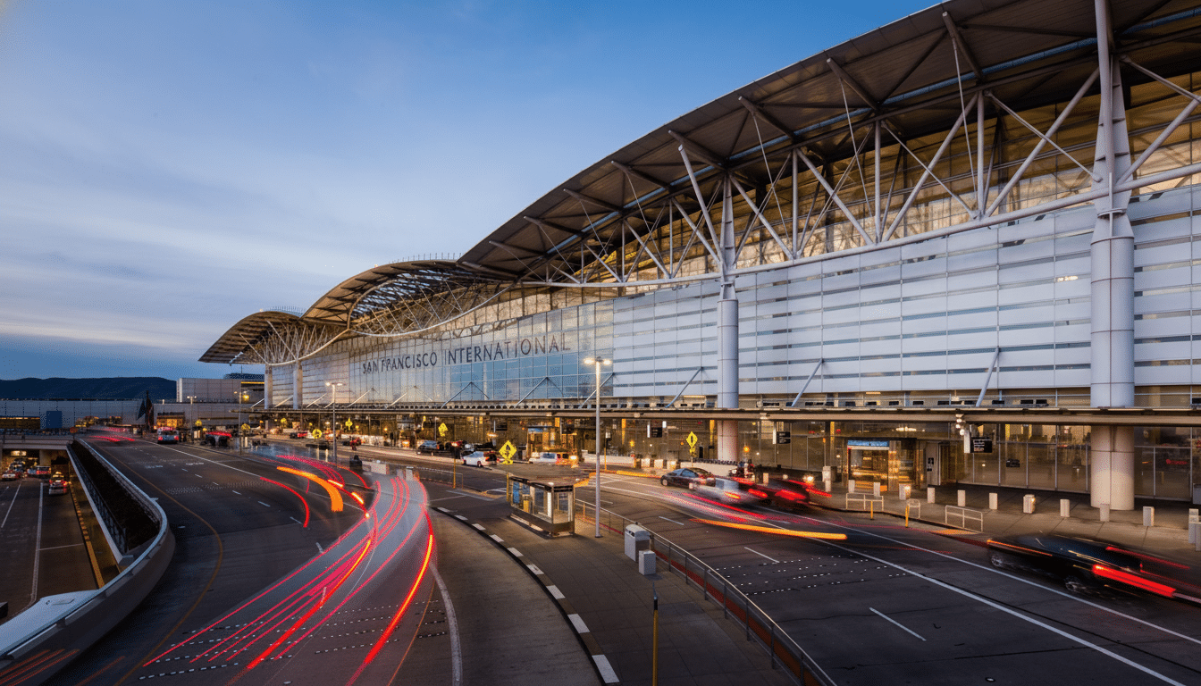 The exterior of San Francisco International Airport with light trails from cars at dusk, featuring modern architectural design and the airport ' s name visible on the terminal building. Filename : sanfranc iscointernational airportdusk .png