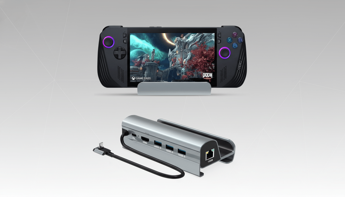 An ASUS ROG Ally handheld gaming console displaying Doom Eternal on its screen, positioned above a silver docking station with multiple ports. Filename : rogally anddock . png