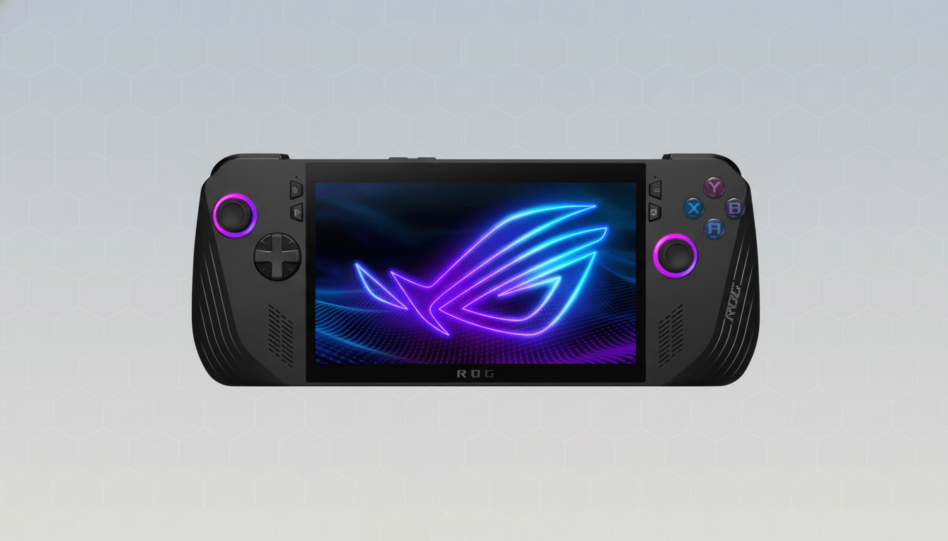 A black handheld gaming console with purple accents, displaying a neon blue and purple ROG logo on its screen, set against a subtle patterned grey background. Filename : roghand heldconsole . png