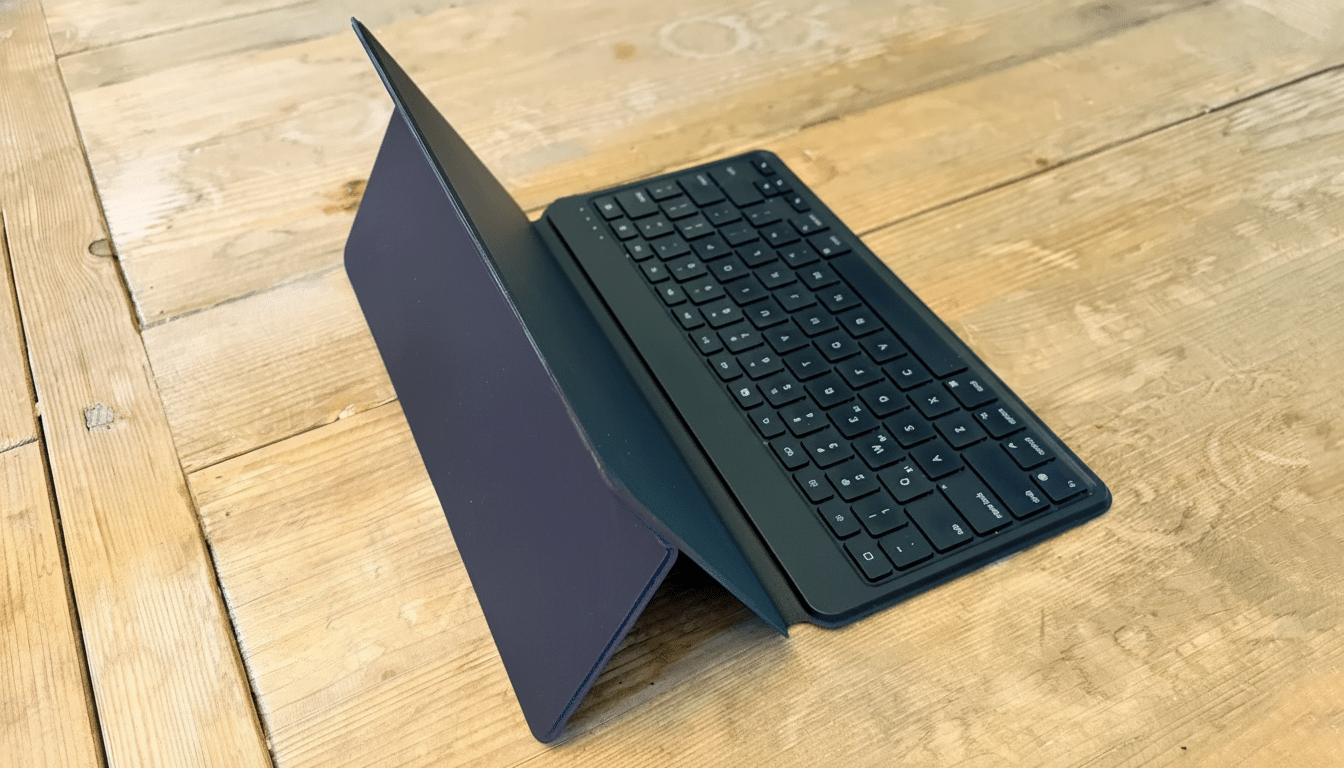 An angled view of a black tablet keyboard case with a dark blue cover, resting on a rustic wooden surface.