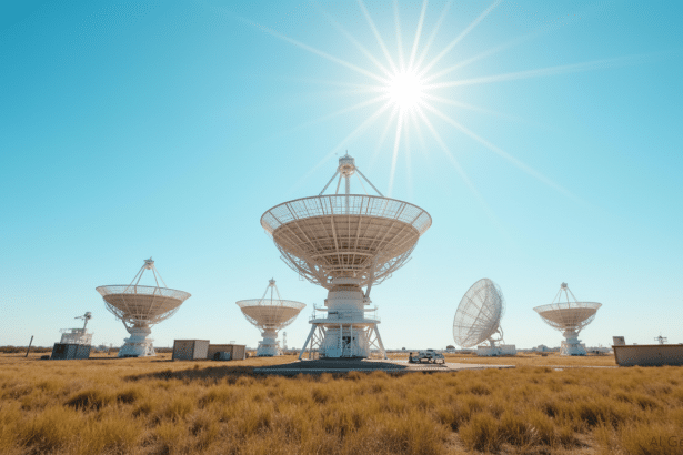A professional 16: 9 image of several large white satellite dishes standing in a field of dry grass under a bright blue sky with a radiant sun.