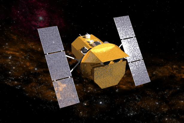 A gold and silver satellite with two large solar panel arrays, set against a backdrop of a starry night sky with neb ulae. Filename : satellitein space.png