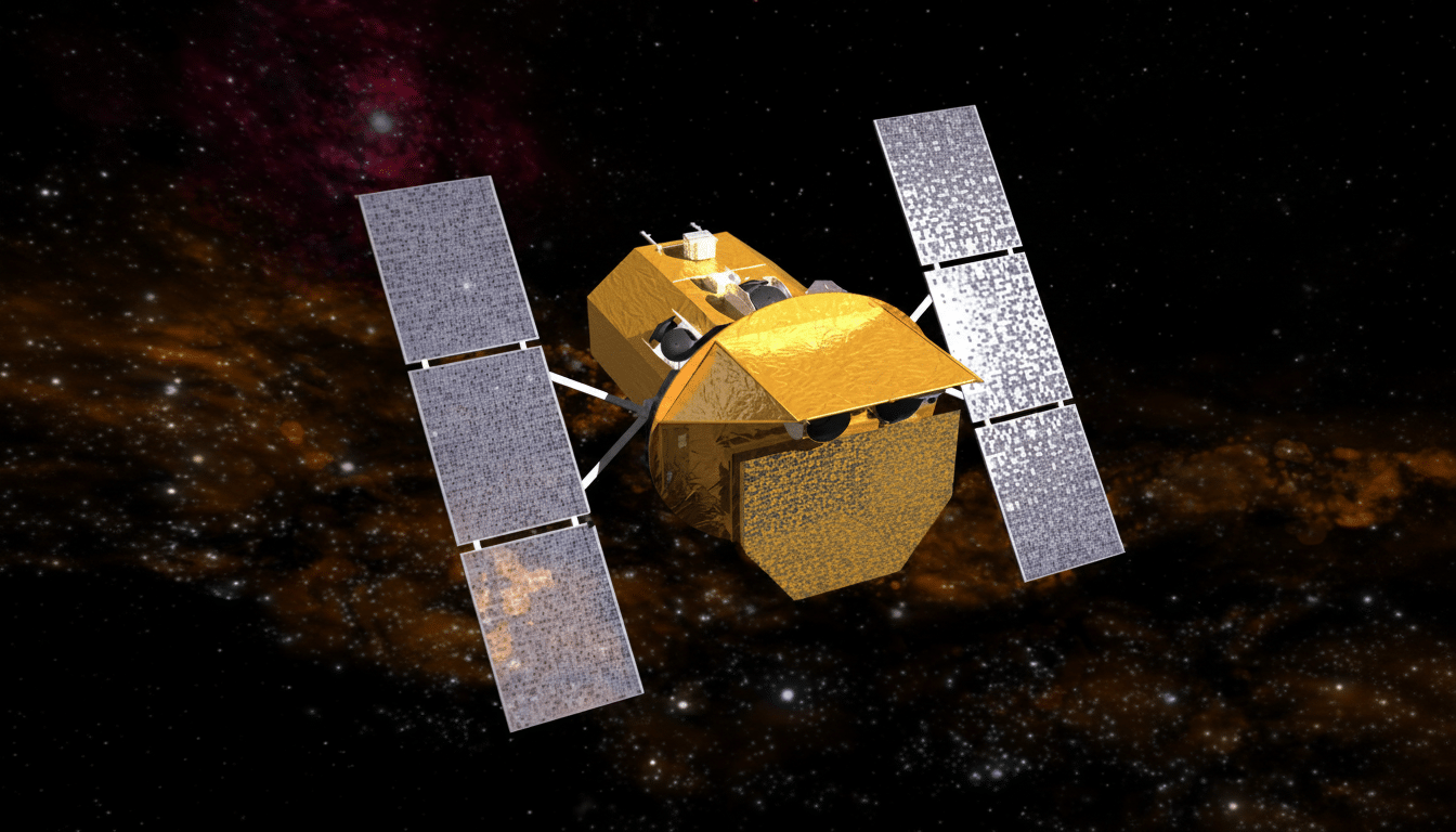 A gold and silver satellite with two large solar panel arrays, set against a backdrop of a starry night sky with neb ulae. Filename : satellitein space.png