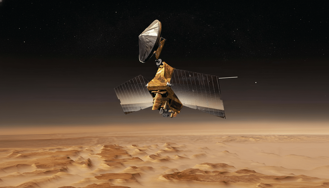 A detailed view of a satellite orbiting above a Mars-like landscape, with the dark expanse of space and stars in the background.