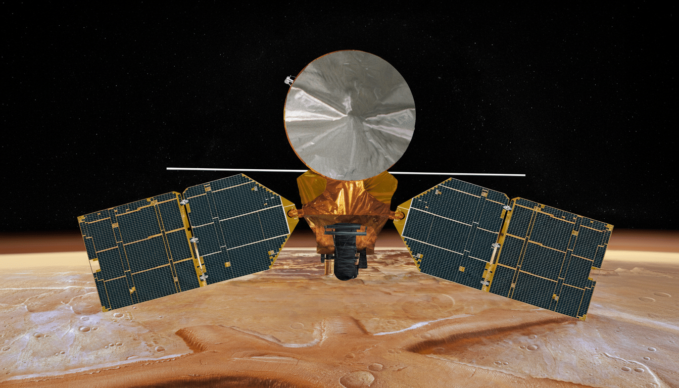 A detailed view of a satellite with two large solar panels and a reflective dish antenna , orbiting above a reddish-brown planet with visible craters and geological formations . The background is a dark starry sky .