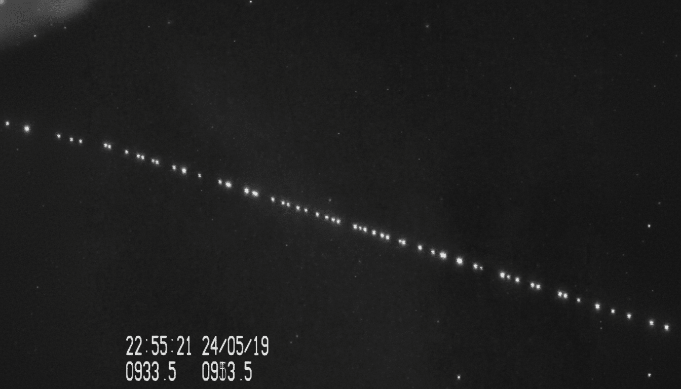 A black and white image showing a diagonal line of bright, evenly spaced dots against a dark background, likely indicating a satellite train or celestial observation . A timestamp and other numbers are visible in the bottom left corner .