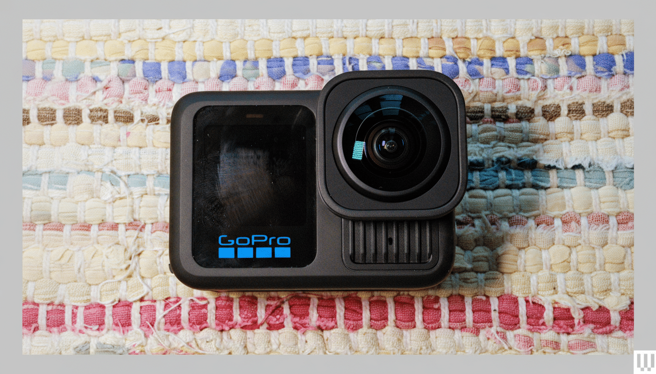A GoPro camera with a blue logo on a colorful, woven fabric background, presented in a 16: 9 aspect ratio.