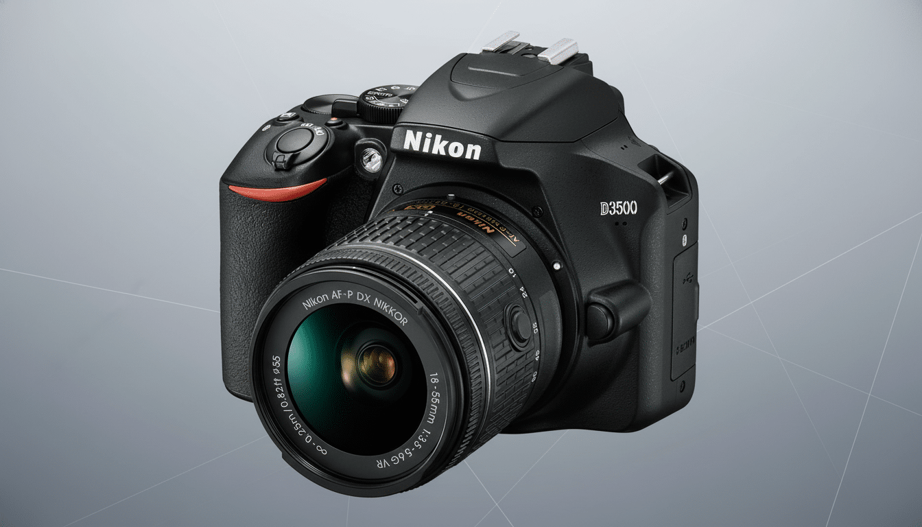 A professional shot of a black Nikon D350 0 DSLR camera with an 18 -55mm lens, set against a subtle gray gradient background with faint geometric patterns.