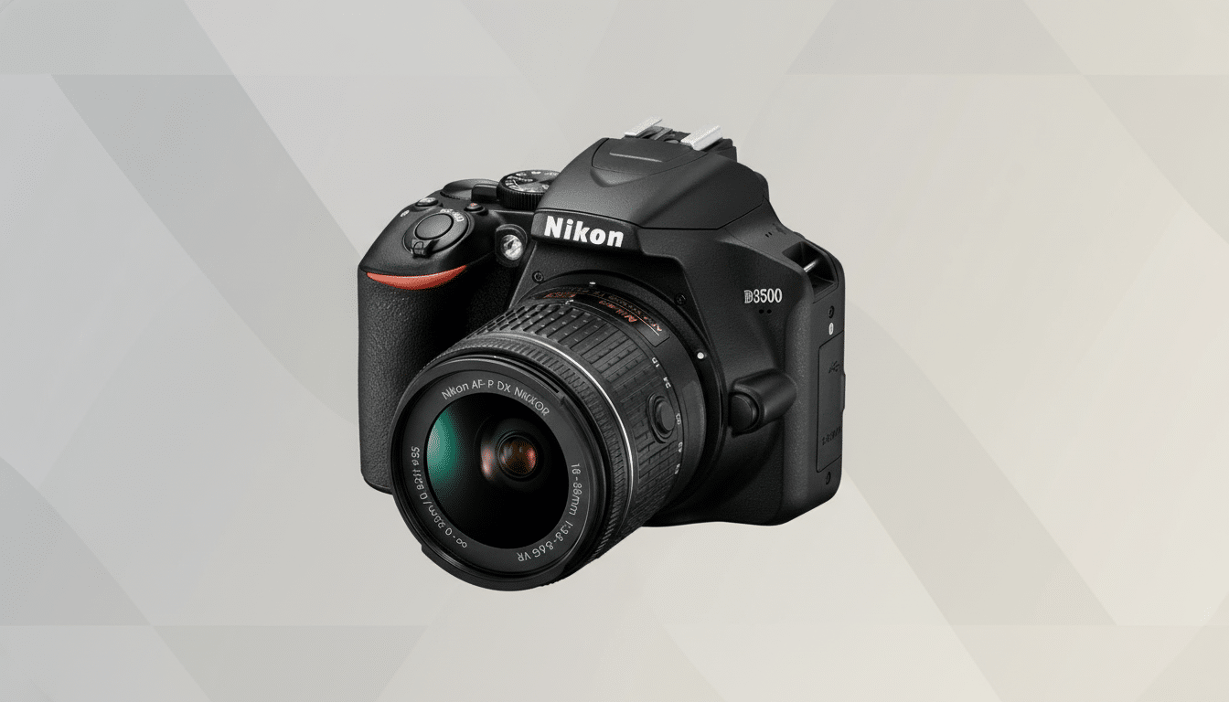 A professional shot of a black Nikon D350 0 DSLR camera with an 18- 55mm lens , presented on a subtle grey background with a soft, diagonal gradient pattern. Filename : nikon d350 0camera professionalshot. png