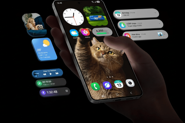 A hand holding a smartphone displaying a cat on the screen, with various app widgets floating around it on a dark background.