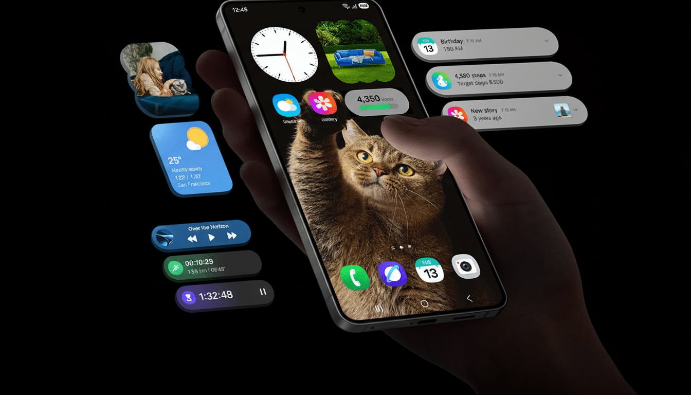 A hand holding a smartphone displaying a cat on the screen, with various app widgets floating around it on a dark background.