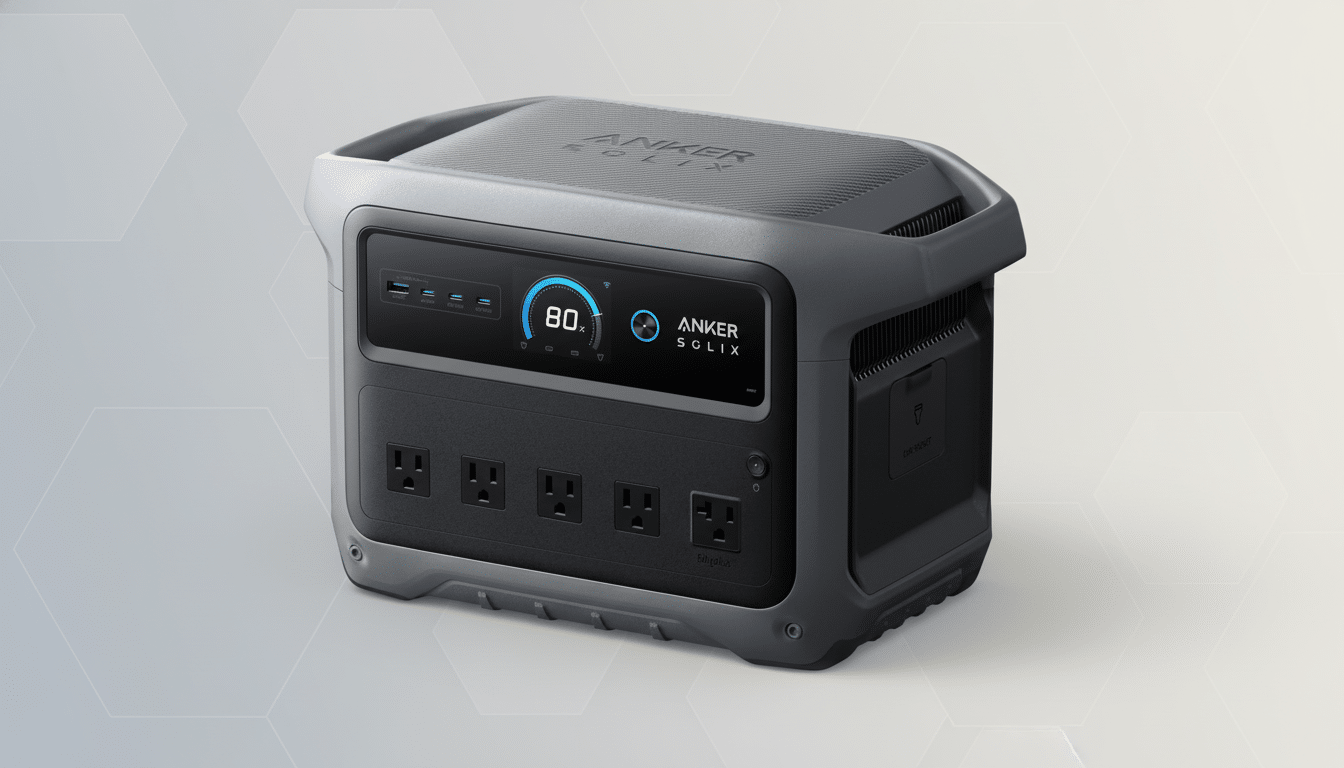Anker Solix portable power station on a professional light grey background with subtle hexagonal patterns.