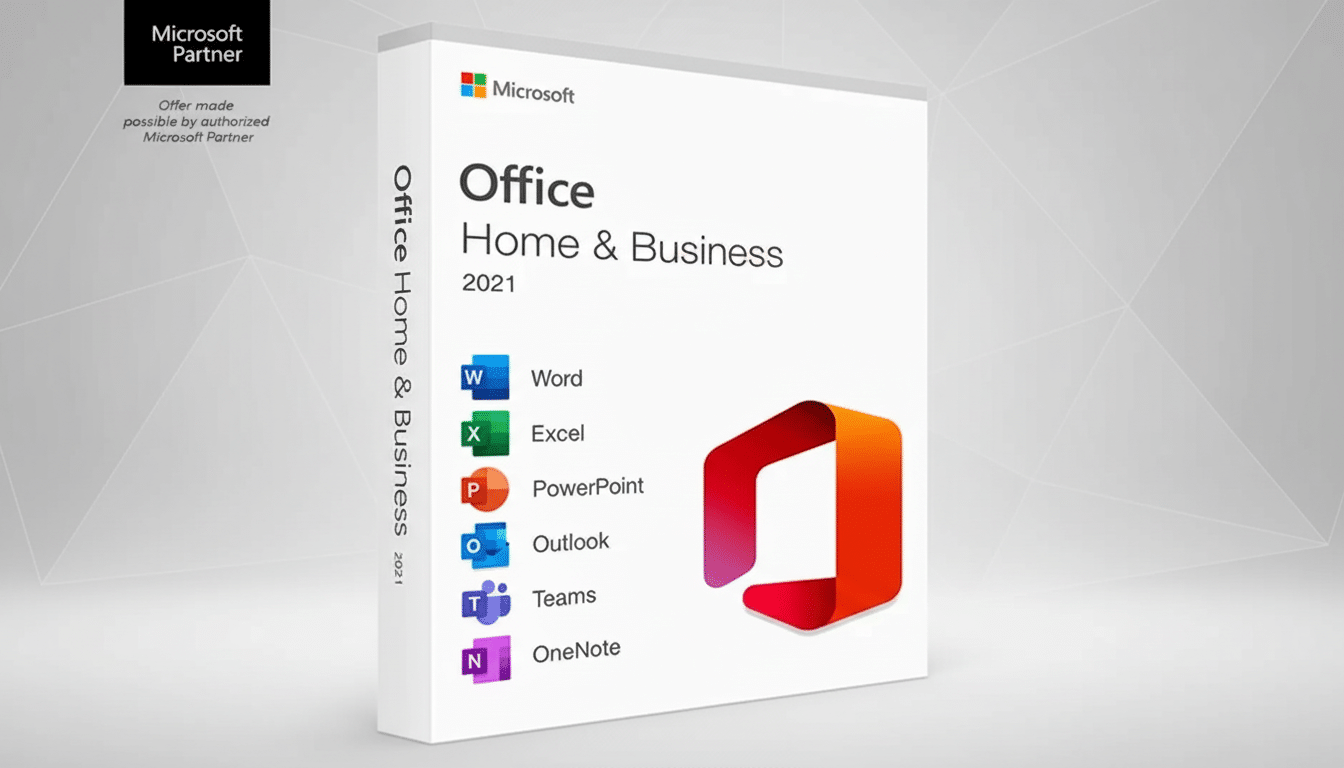Microsoft Office Home & Business 2021 software box with a modern, professional flat design background in a 16: 9 aspect ratio.