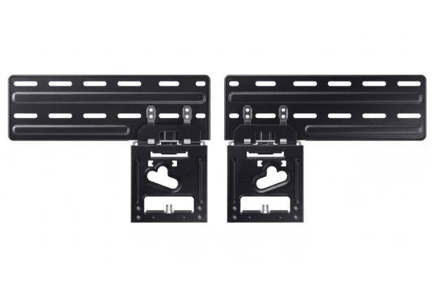 Two black wall mounts for a television or monitor, with a horizontal rectangular top piece and a vertical, more complex bottom bracket , presented on a clean white background.