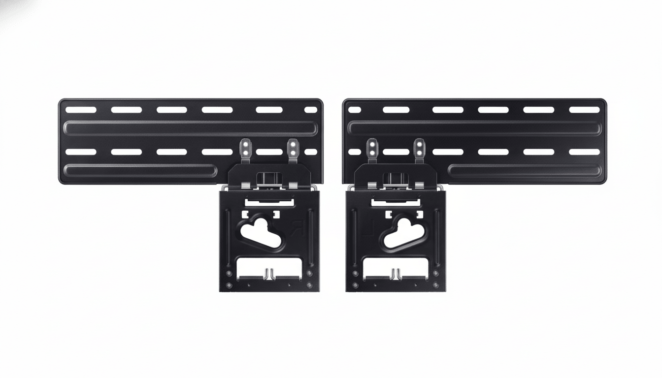 Two black wall mounts for a television or monitor, with a horizontal rectangular top piece and a vertical, more complex bottom bracket , presented on a clean white background.