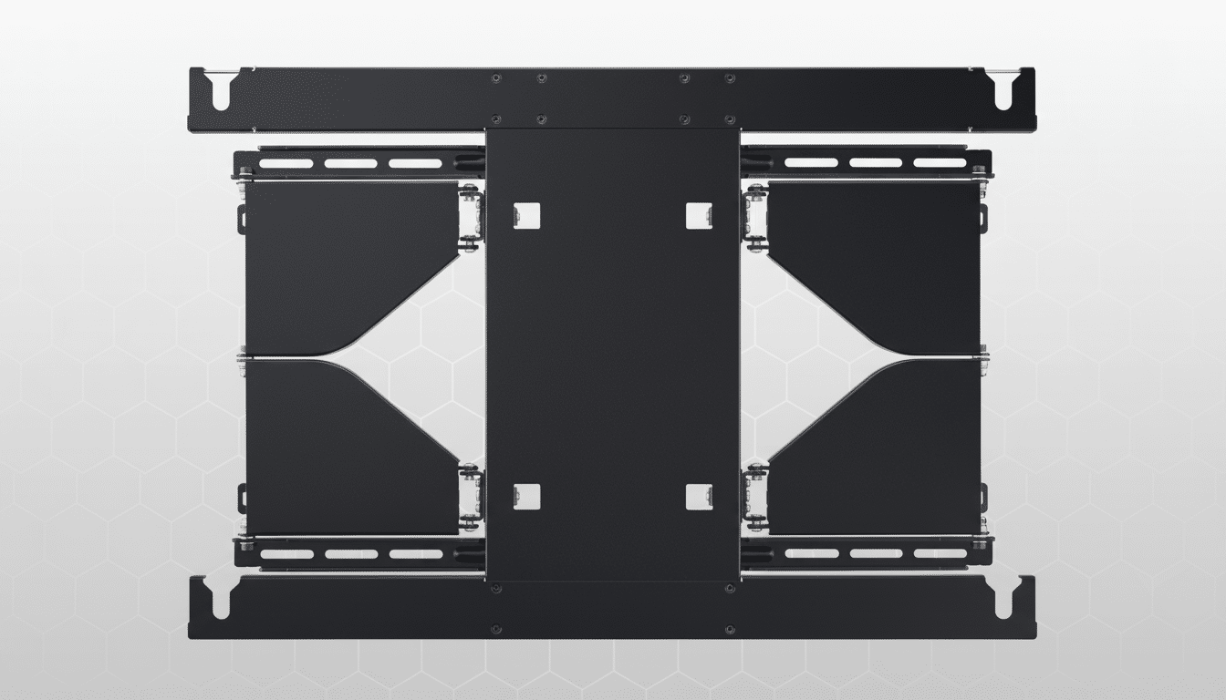 A black wall mount bracket for a TV or monitor, featuring multiple screw holes and adjustable components , set against a subtle geometric patterned background. Filename : wallmount bracket. png
