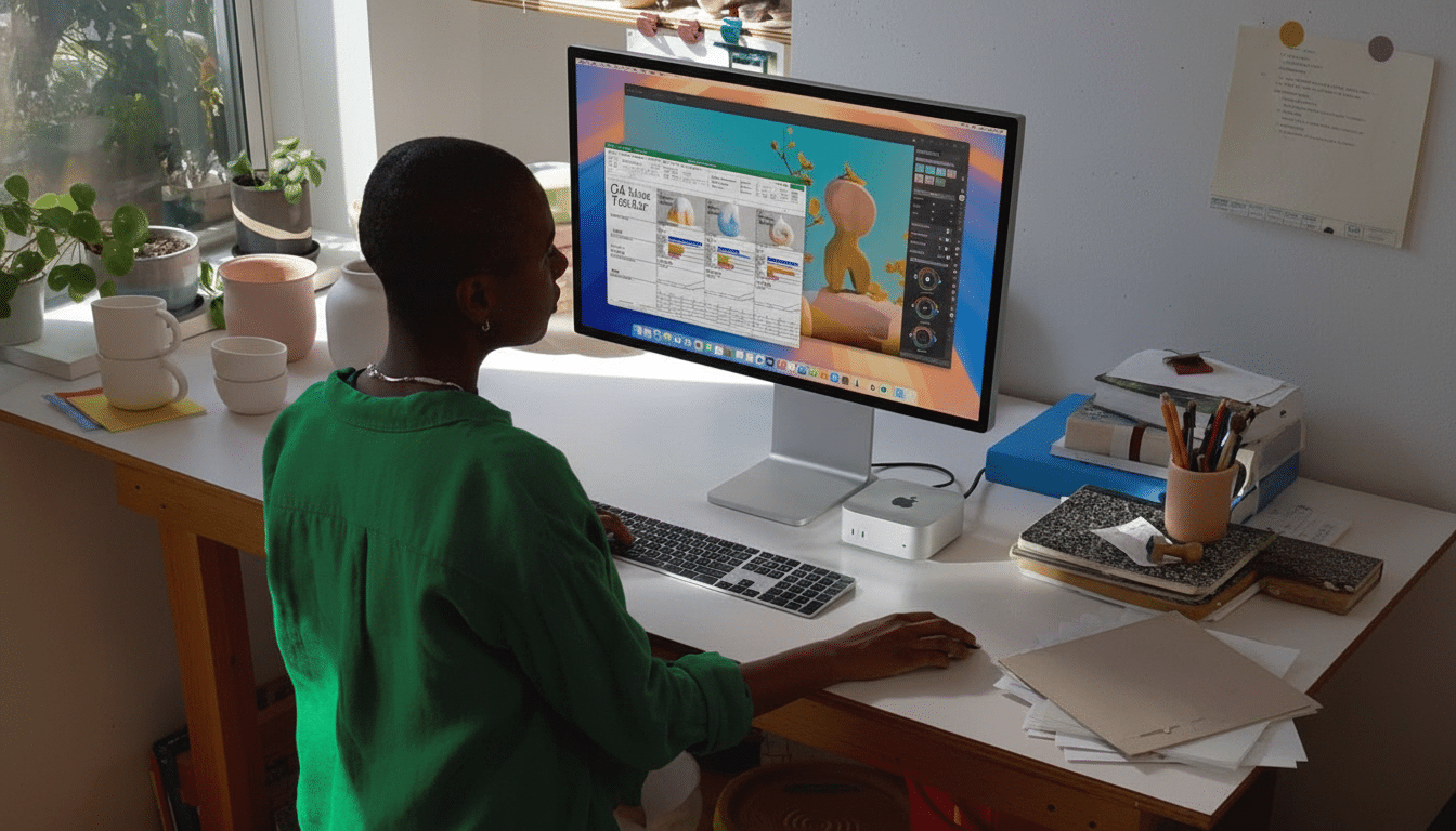 A person in a green shirt is seated at a desk, looking at a computer monitor displaying a spreadsheet application. The desk is cluttered with various office supplies , and natural light streams in from a window on the left.
