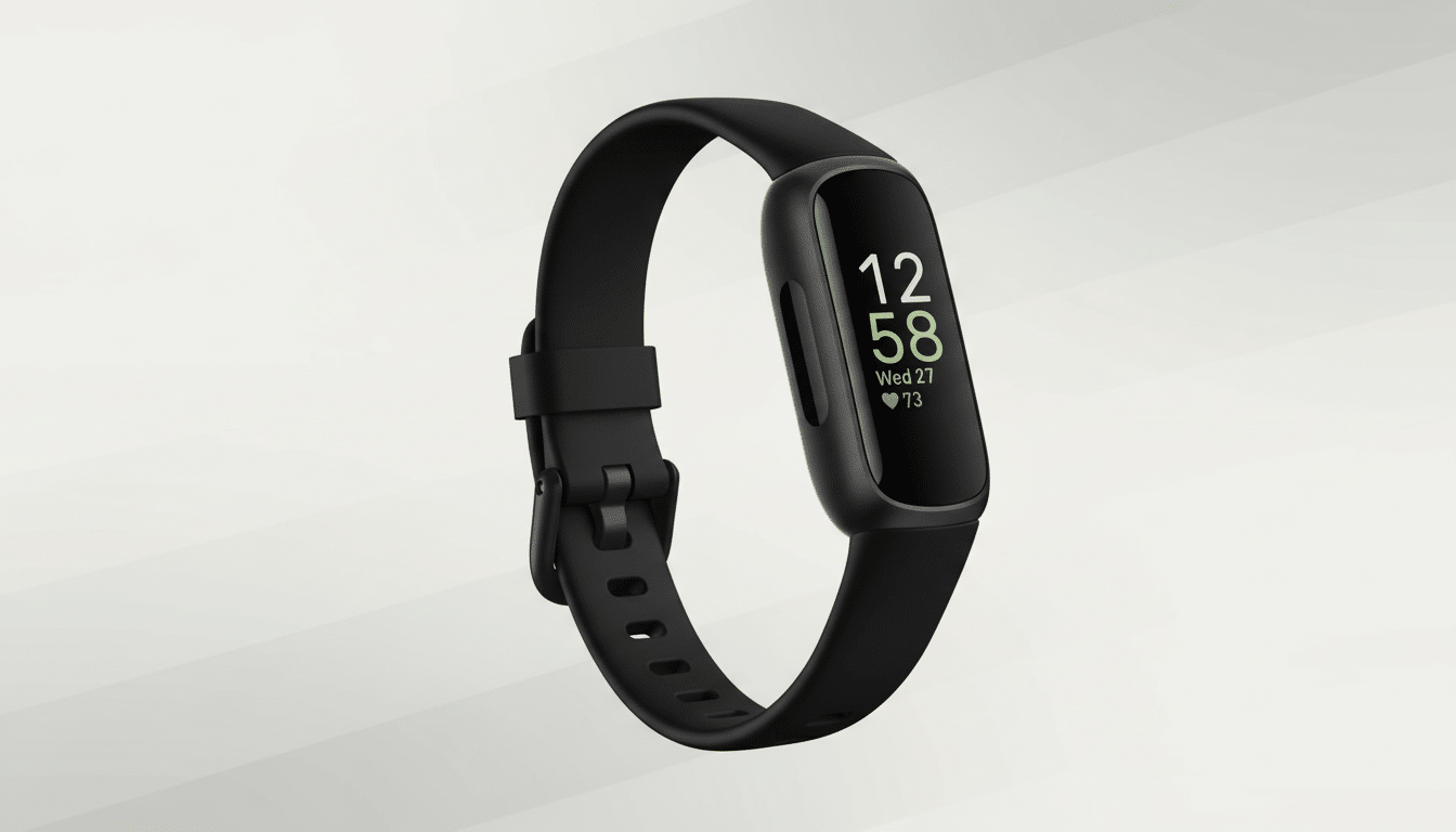 A black Fitbit Inspire 3 smartwatch with a black strap, displaying the time 12 :58, Wednesday 27, and 73 heart rate on a professional light grey background with subtle diagonal patterns. Filename : fitbit inspire3 smart watch. png