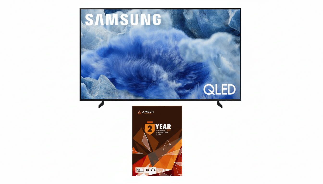 A Samsung QLED TV with a two -year Amber Protection plan box below it, all on a white background , resized to a 16: 9 aspect ratio.