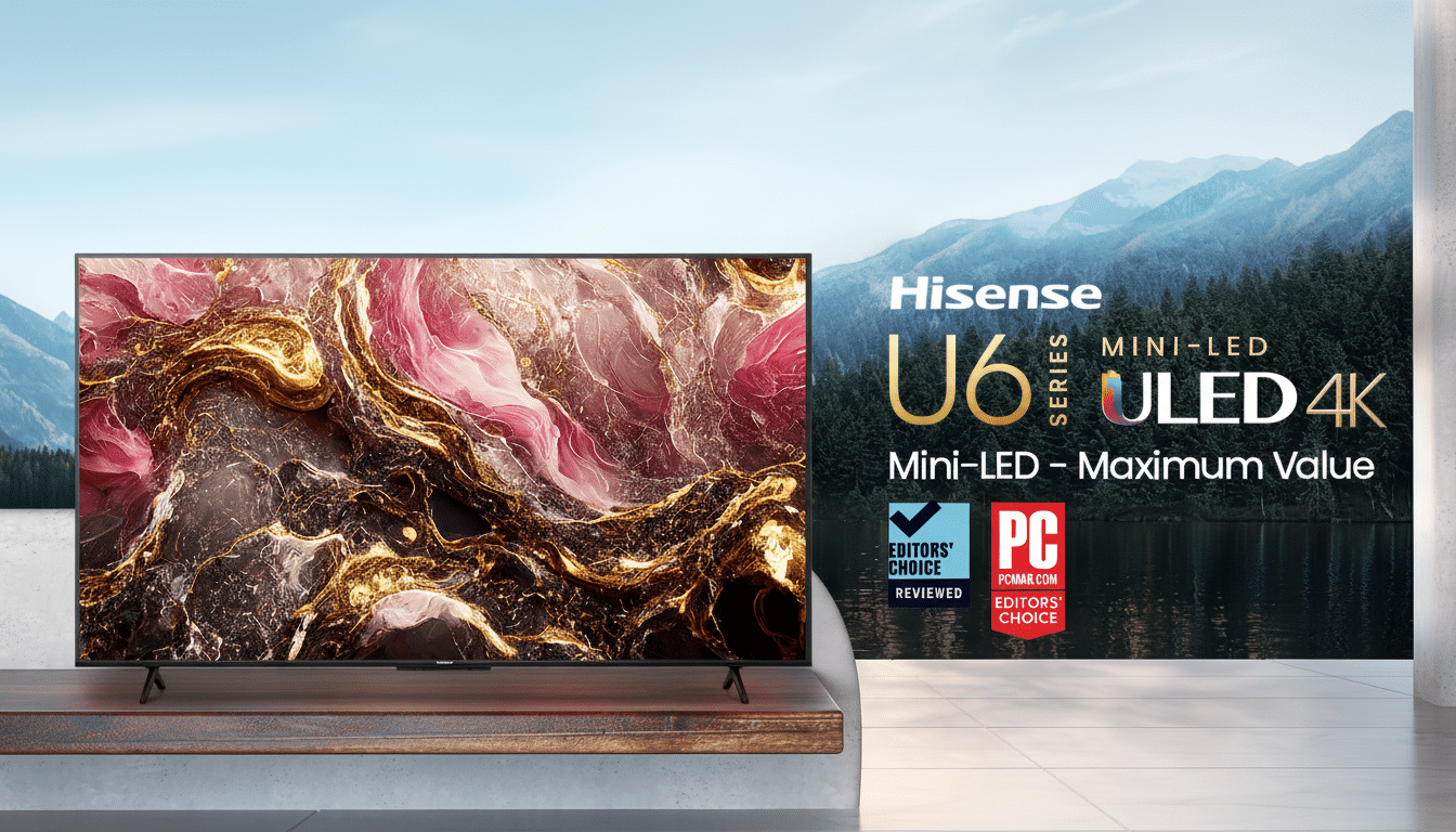 A Hisense U6 Series Mini-LED ULED 4 K television on a wooden stand , with a scenic mountain and lake background . The screen displays a vibrant , abstract design of swirling gold , pink , and dark colors . To the right, the Hisense logo, U6 Series Mini-LED U LED 4K , and Mini -LED - Maximum Value text are visible , along with Editors' Choice and PC Mag . com badges .