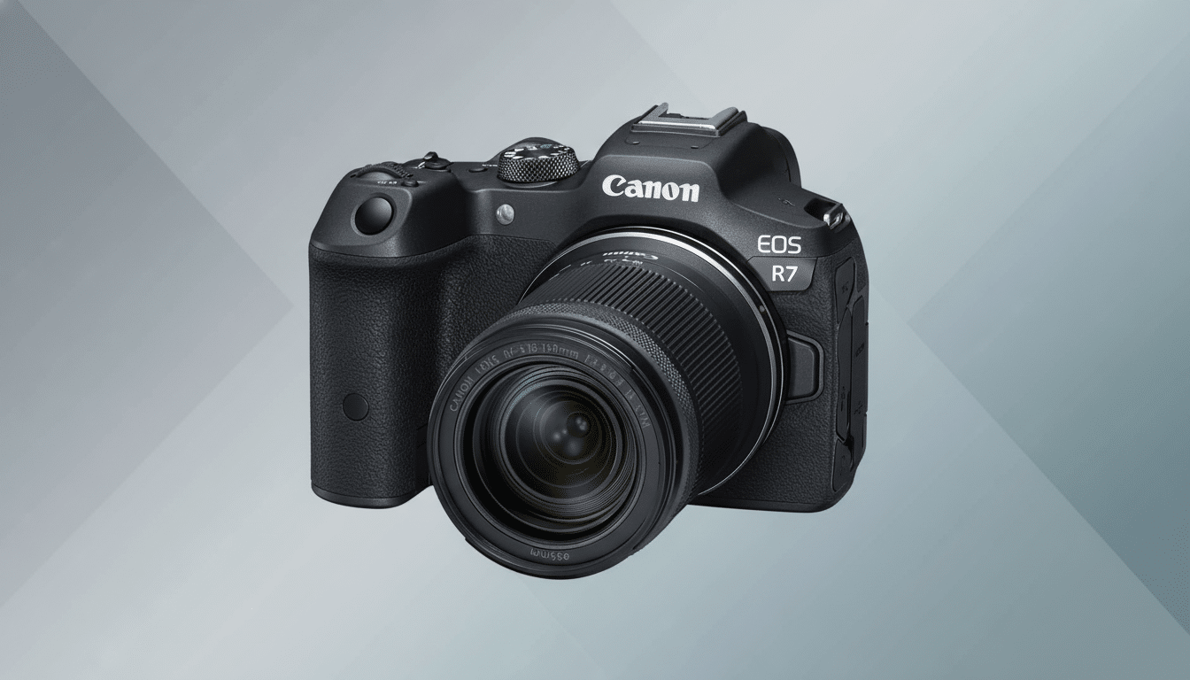A professional shot of the Canon EOS R7 mirrorless camera with an RF -S 1 8-15 0mm lens, set against a subtle gray gradient background with soft geometric patterns, resized to a 1 6:9 aspect ratio. Filename : canoneos r7 camera16 9. png