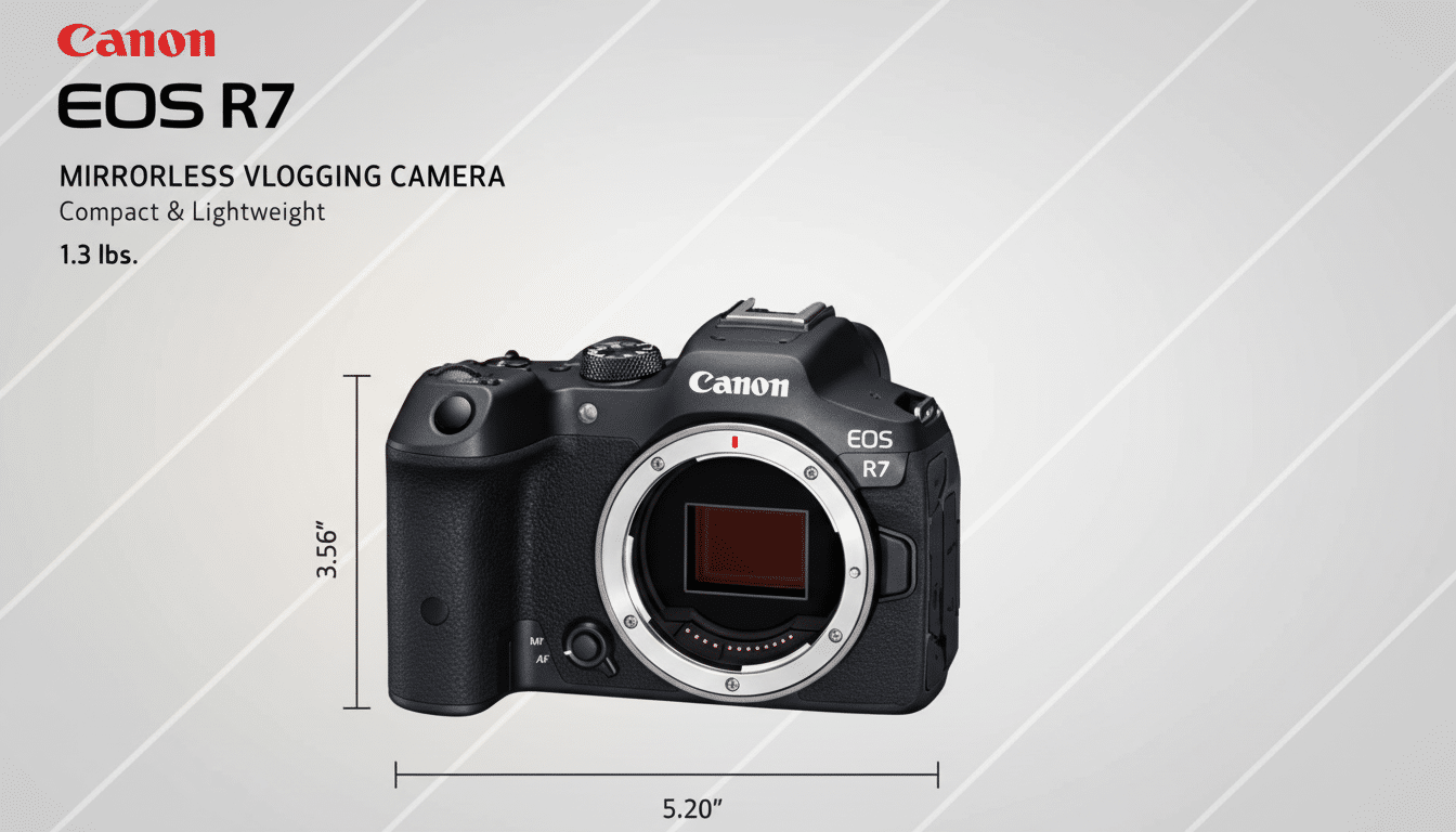 A professional image of the Canon EOS R7 mirrorless vlogging camera, enhanced and resized to a 1 6:9 aspect ratio, featuring a soft, grey striped background with the product 's dimensions and key features presented alongside. Filename : canoneos r7 mirrorlessv loggingcamera 16x 9. png