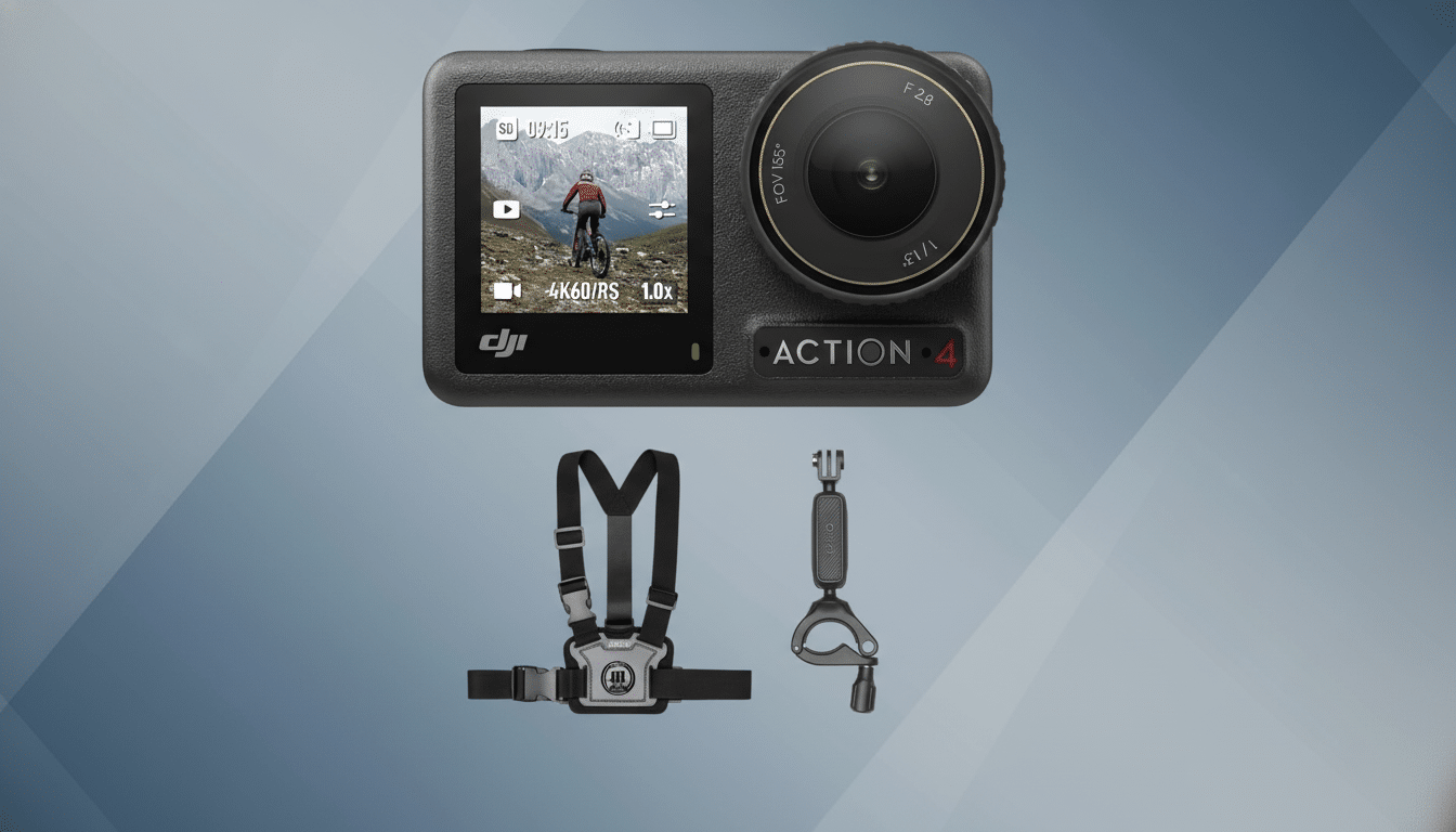 A DJI Action 4 camera , chest mount, and handlebar mount are displayed against a professional flat design background with soft gray and blue gradients. Filename : dji action4 professional . png