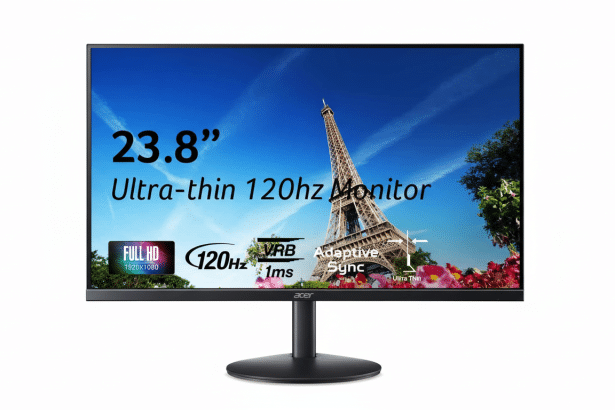 A 23.8 -inch Acer ultra -thin 1 20Hz monitor with a 1 6:9 aspect ratio, displaying an image of the Eiffel Tower against a blue sky. The monitor features Full HD 19 20x1 080 resolution , 1ms VR B, and Adaptive Sync. Filename : acer2 3.8 inchmonitor 16 9. png