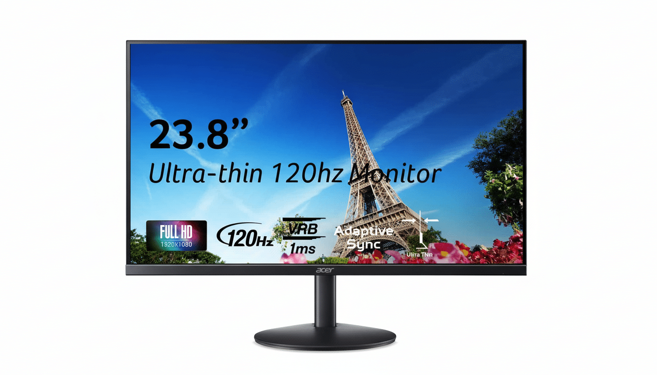 A 23.8 -inch Acer ultra -thin 1 20Hz monitor with a 1 6:9 aspect ratio, displaying an image of the Eiffel Tower against a blue sky. The monitor features Full HD 19 20x1 080 resolution , 1ms VR B, and Adaptive Sync. Filename : acer2 3.8 inchmonitor 16 9. png