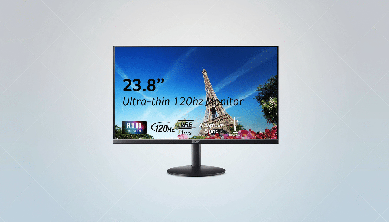 An Acer 23. 8 ultra-thin 120Hz monitor with a full HD display , VR B, Adaptive Sync, and 1ms response time , set against a professional soft grey patterned background. Filename : acer2 3.8 inchmonitor. png