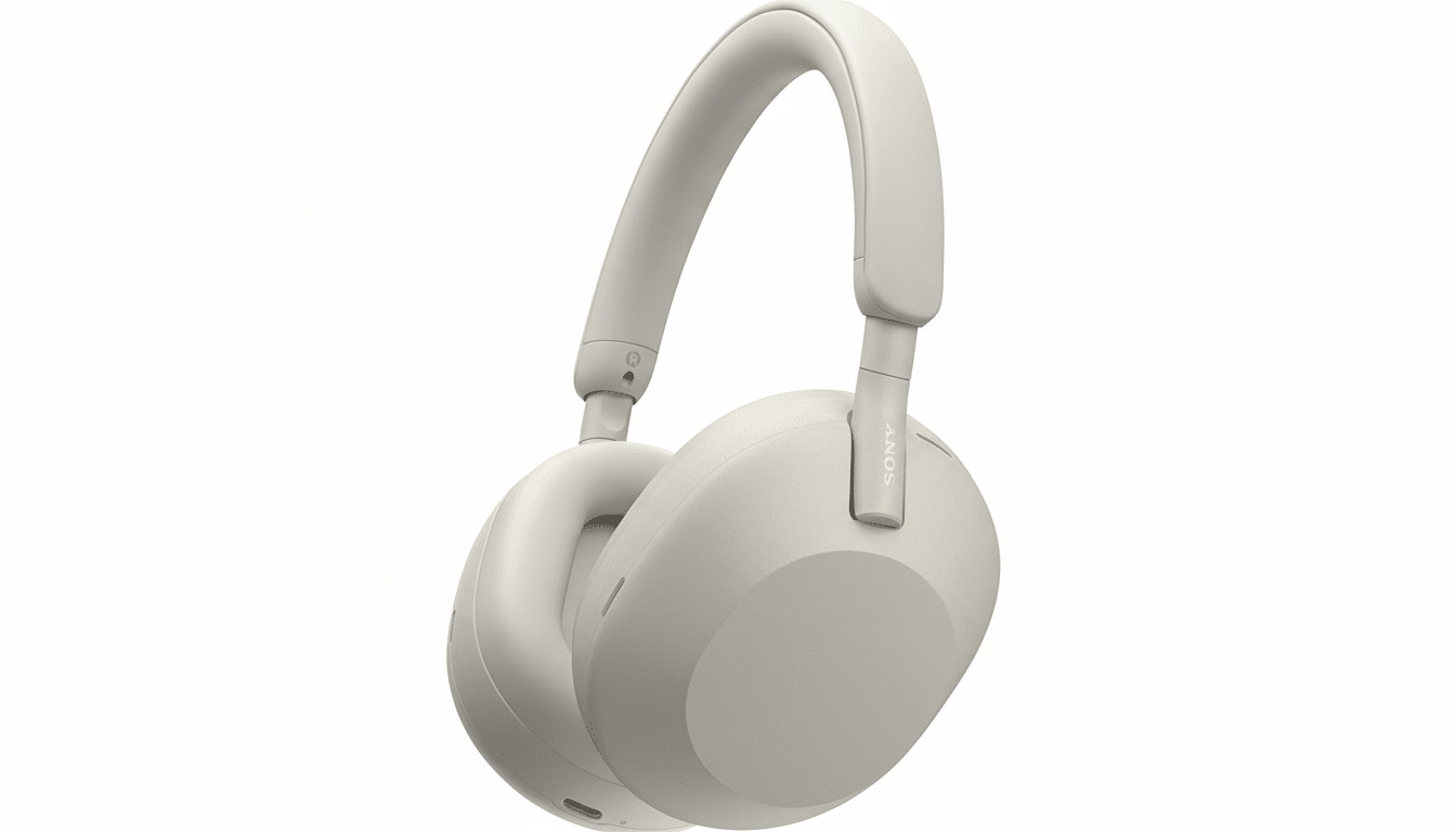 A pair of beige Sony WH-1 000XM 5 wireless noise-canceling headphones, shown at an angle, with a clean white background. Filename : sonywh 1 000xm 5headphones. png