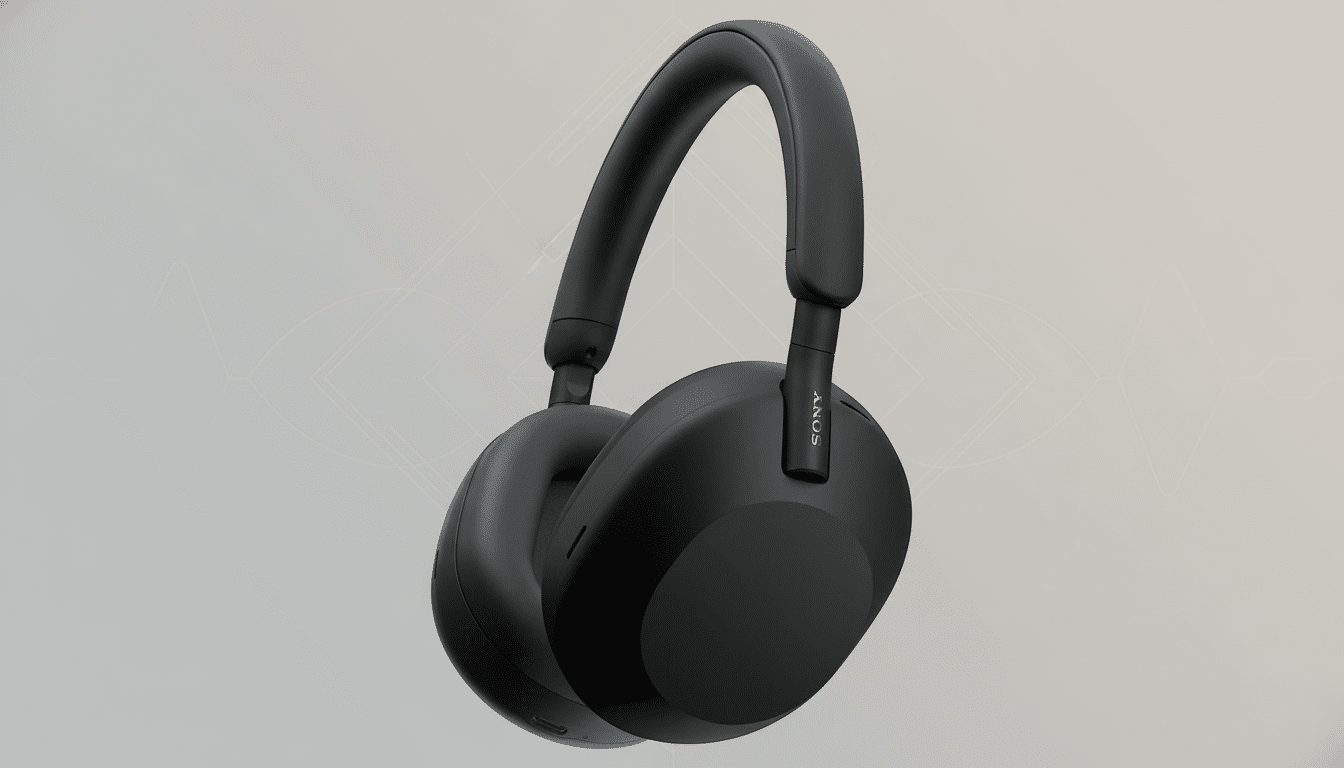 A pair of sleek black Sony WH-10 00XM5 headphones displayed on a professional light grey background with subtle geometric patterns.