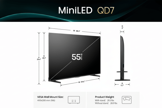 Mini LED QD7 55-inch TV with dimensions, product weight, and VESA wall mount size details on a white background with a teal wave pattern at the top.