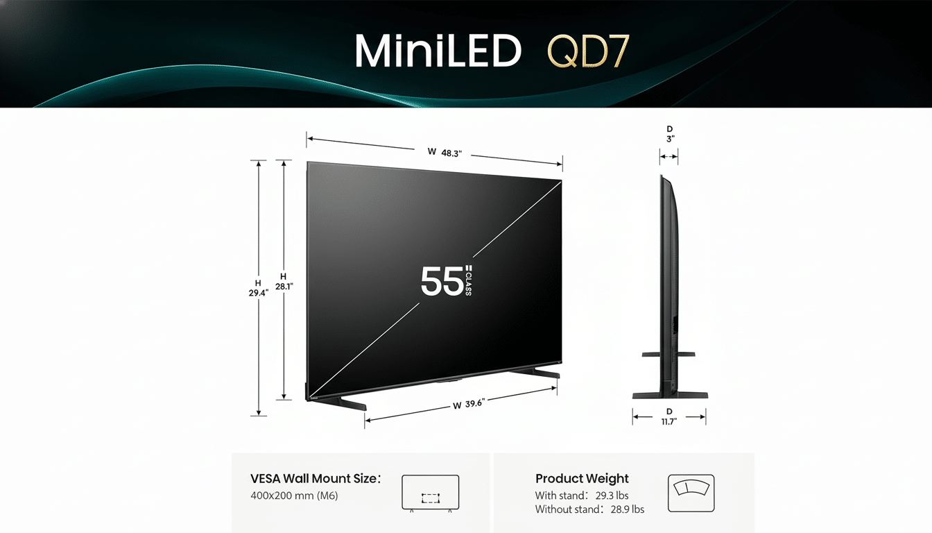 Mini LED QD7 55-inch TV with dimensions, product weight, and VESA wall mount size details on a white background with a teal wave pattern at the top.