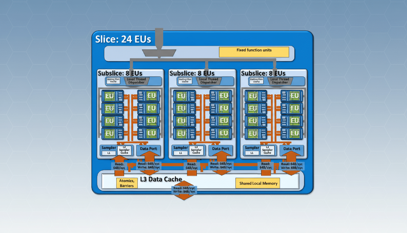 Diagram showing a slice with 24 execution units ( EUs) divided into three sub- slices of 8 EUs each, detailing instruction caches, local thread dispatchers, sam plers, L1 / L2 sampler caches , data ports, and an L3 data cache with shared local memory .