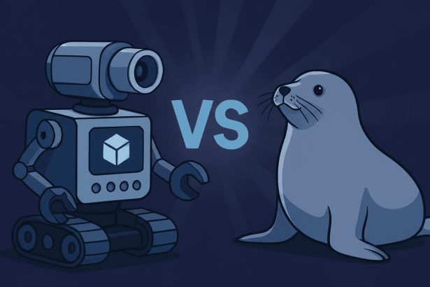 An illustration of a robot facing a seal with VS in between them , against a dark blue background with subtle radial lines. Filename : robotvs seal. png