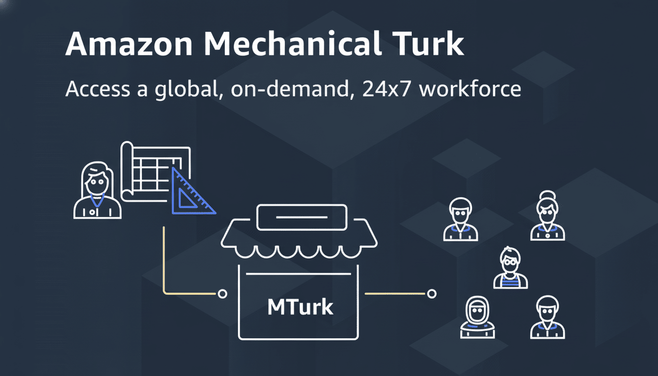 A professional graphic for Amazon Mechanical Turk on a dark background , showing a central ' MTurk' market icon connected to various worker icons and a task planning icon , conveying a global, on-demand workforce .
