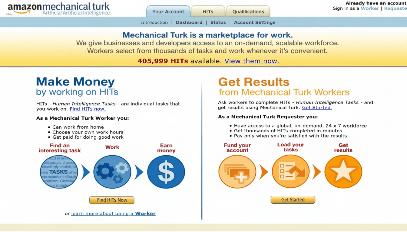 A screenshot of the Amazon Mechanical Turk website, displaying the homepage with options for Make Money by working on HITs and Get Results from Mechanical Turk Workers, showcasing the platform's interface .
