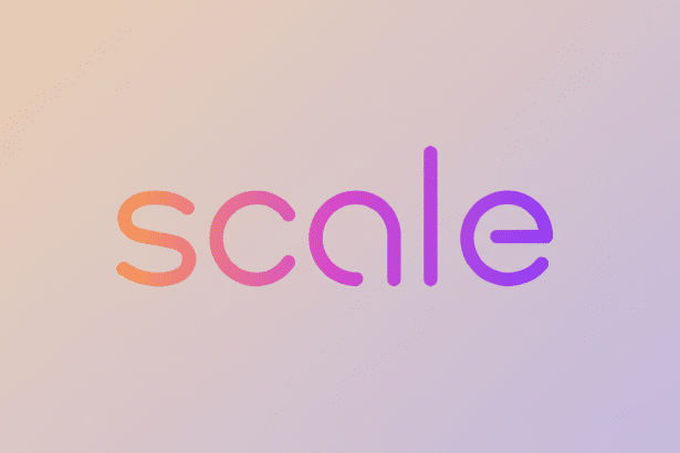 The word scale in a gradient of orange , pink, and purple, centered on a soft gradient background in similar hues. Filename : scalelogo professional . png